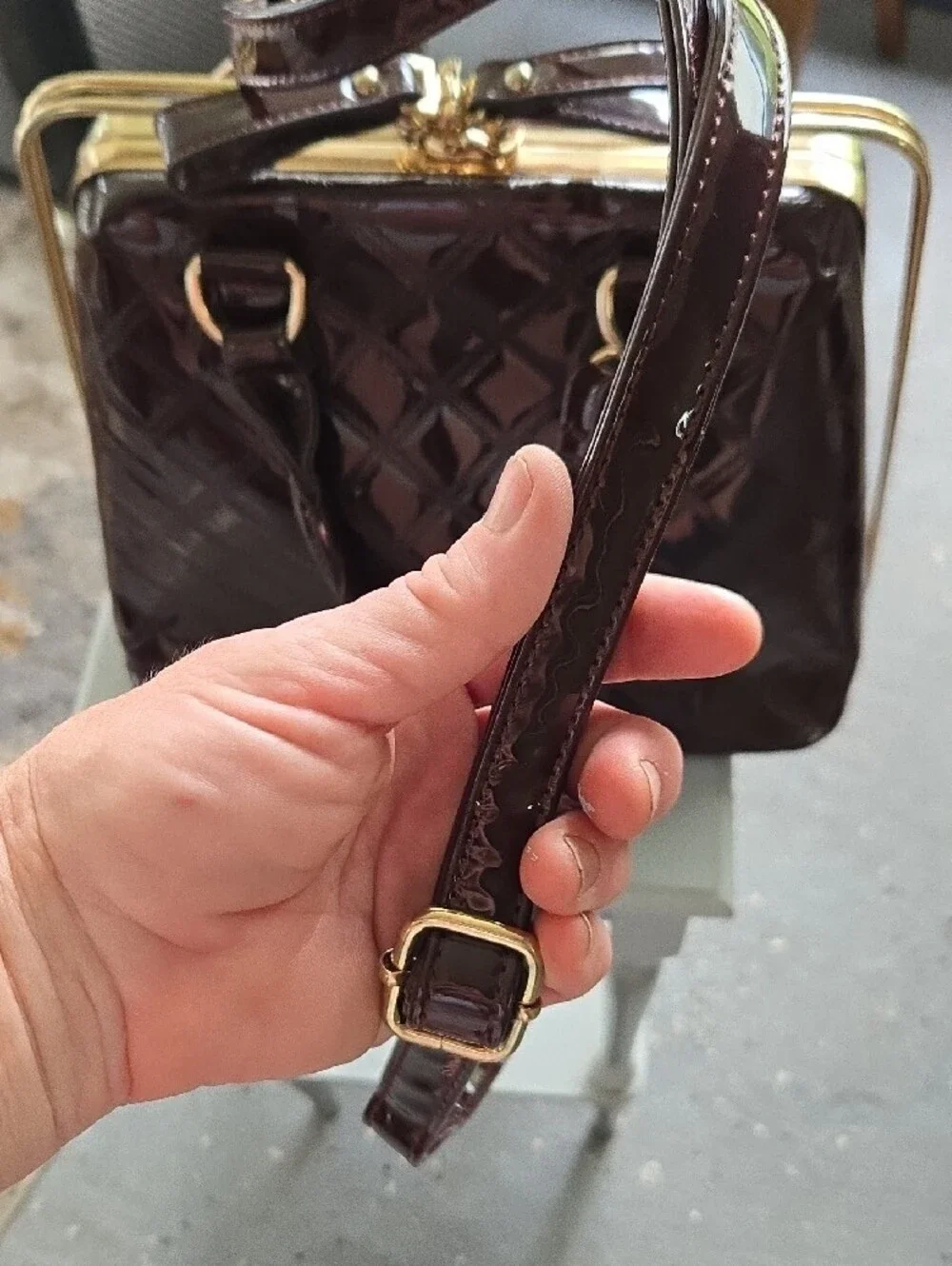 Gloss Quilted Satchel Bag in Dark Brown with Gold Frame